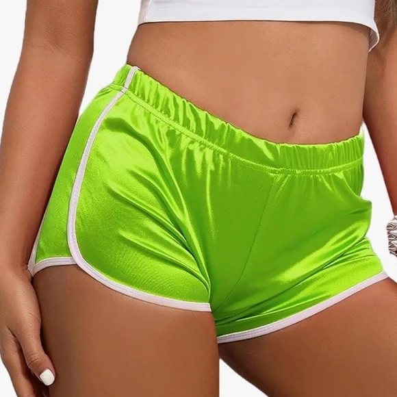 Green white rave sport shorts sexy booty hot pant shiny silky jogger gym workout
